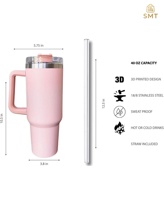 40oz Blush Pink / Ruby Matte Tumbler with Handle & Straw – Large Insulated Travel Mug