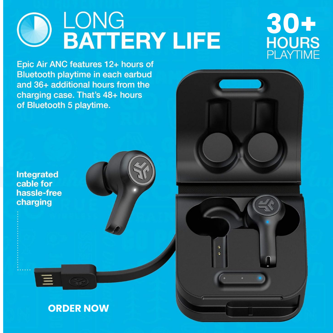 JLab Jbuds Air Executive ANC True Wireless Bluetooth 5 Earbuds, Active Noise Canceling, IP55 Sweatproof, 12-Hour Battery Life, 36-Hour Charging Case, Low Latency Movie Mode, 3 EQ Sound Settings