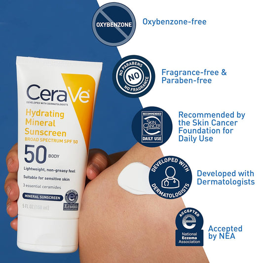CeraVe 100% Mineral Sunscreen SPF 50 – Zinc Oxide & Titanium Dioxide, 75ml