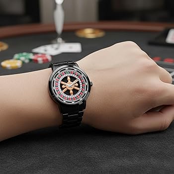 AROA Casino Roulette Watch Fashionable Colorful Quartz Watch 360 Rotating Dial Casual Fashion Silver and Black Stainless Steel Men's &Boy's Luxury Gift Watch (Casino Watch)
