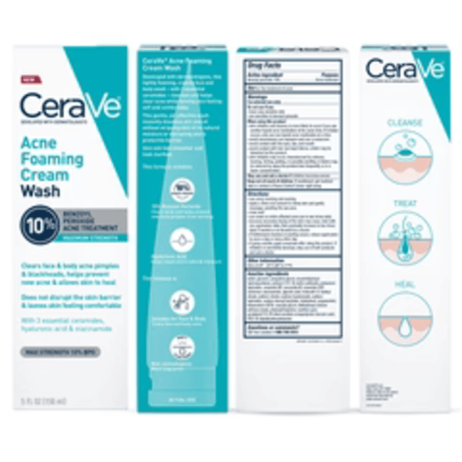 CeraVe Acne Foaming Cream Cleanser | Acne Treatment Face Wash with 4% Benzoyl Peroxide, Hyaluronic Acid, and Niacinamide | Cream to Foam Formula | 5 Oz