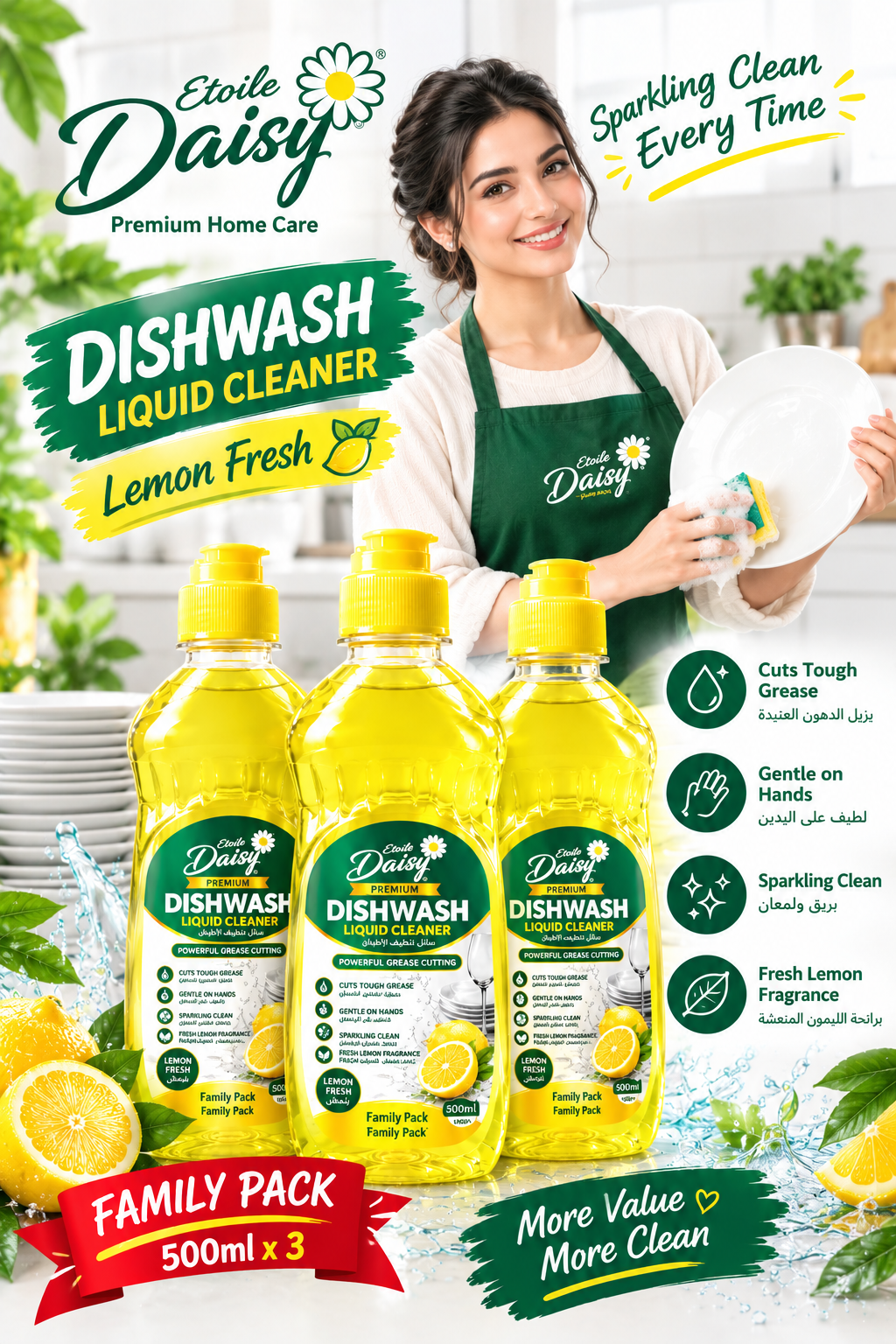 Etoile Daisy Premium Quality Dishwashing Liquid 500ml – Powerful Grease Removal & Antibacterial Kitchen Cleaner for Sparkling Dishes