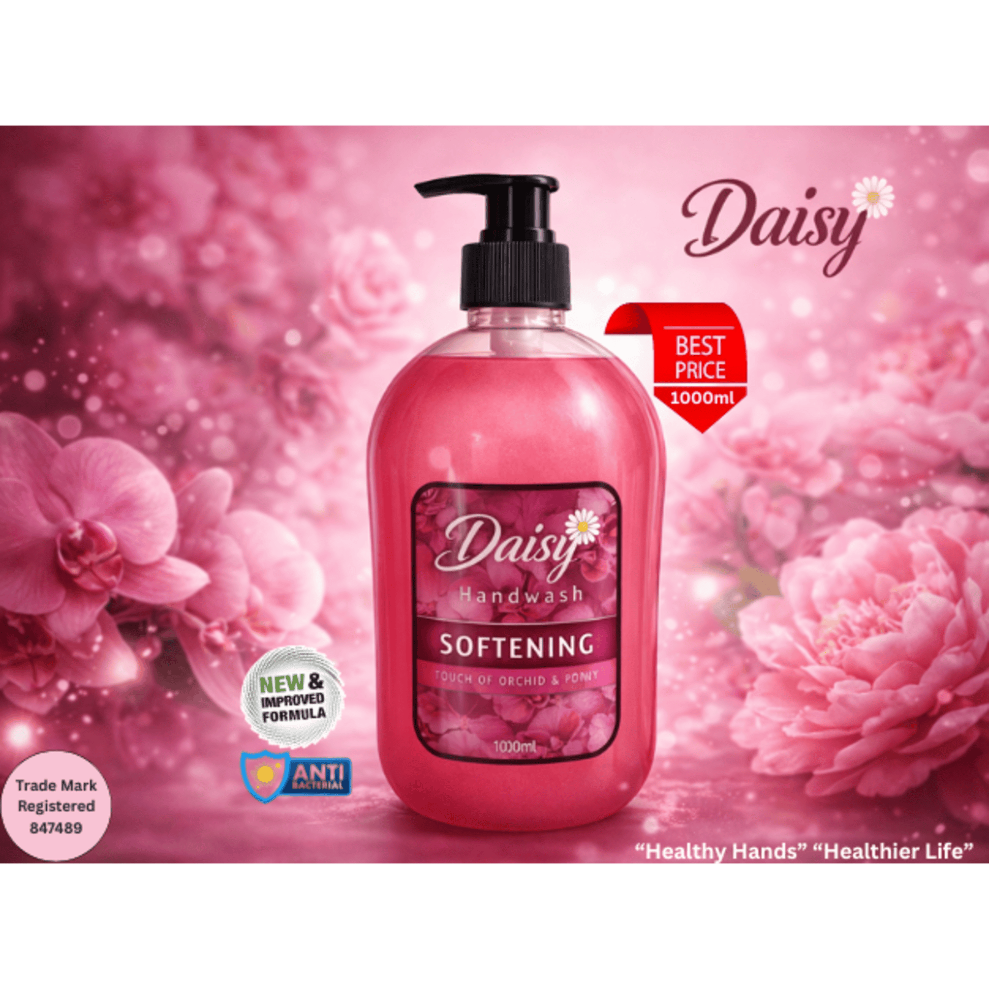 Daisy handwash bottle with pink floral background