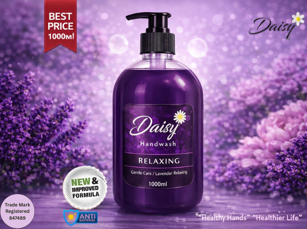 Purple handwash bottle with 'Daisy' branding against a lavender flower background
