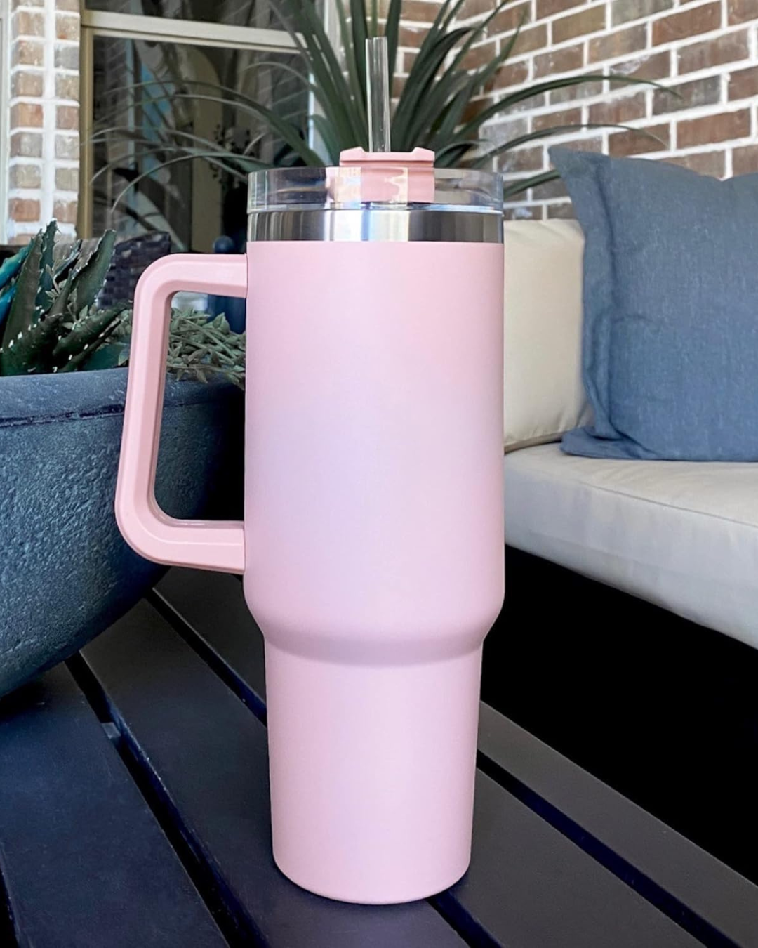40oz Blush Pink / Ruby Matte Tumbler with Handle & Straw – Large Insulated Travel Mug