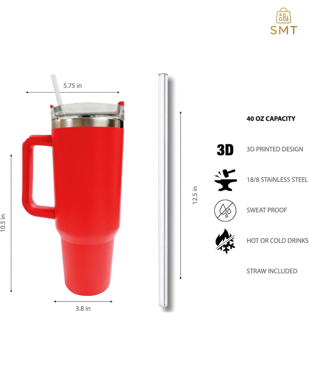 40oz Blush Pink / Ruby Matte Tumbler with Handle & Straw – Large Insulated Travel Mug