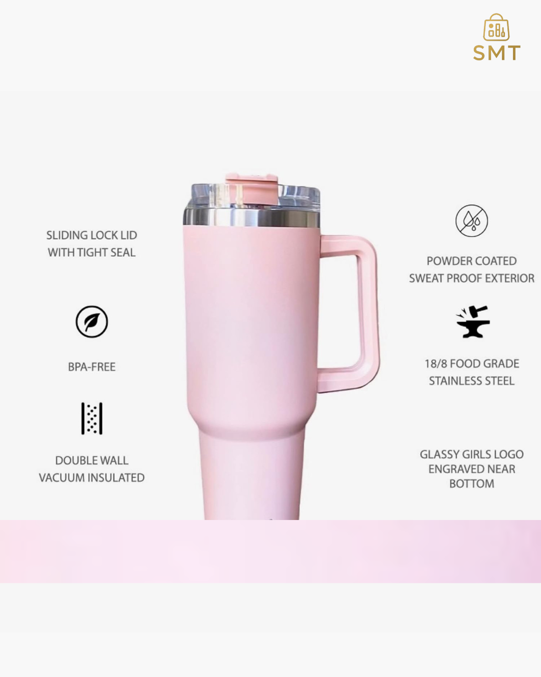 40oz Blush Pink / Ruby Matte Tumbler with Handle & Straw – Large Insulated Travel Mug