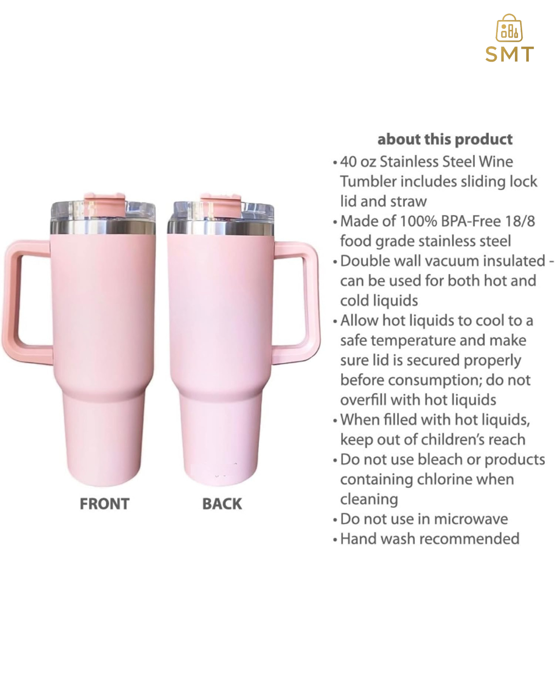 40oz Blush Pink / Ruby Matte Tumbler with Handle & Straw – Large Insulated Travel Mug