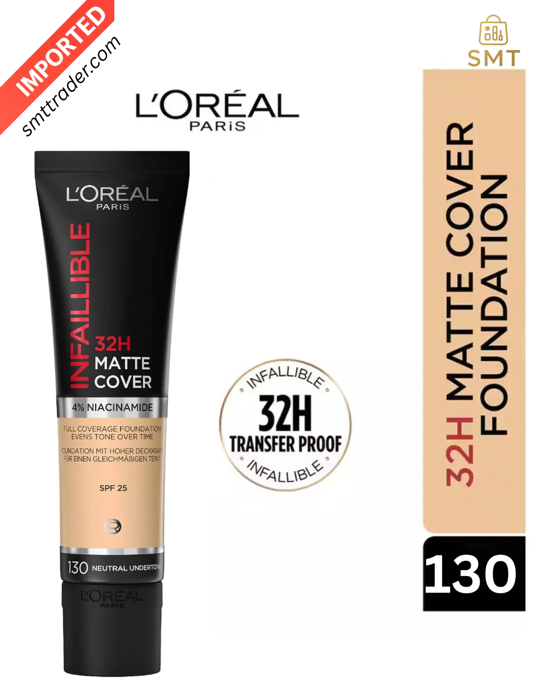 L'Oreal Paris Cover Liquid Foundation, With 4% Niacinamide, Long Lasting, Natural Finish, Available in 3 Shades, SPF 25, Infallible 32H Matte Cover, 30ml