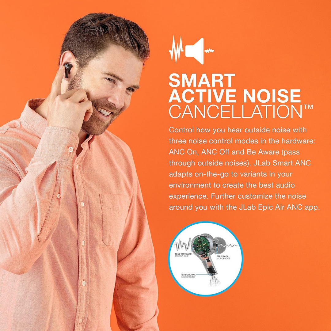JLab Epic Air ANC Gen 2 True Wireless Bluetooth 5 Earbuds, Active Noise Canceling, 12-Hour Battery Life, 36-Hour Charging Case, Low Latency Movie Mode, Wear Detect Sensor, Google Fast Pair