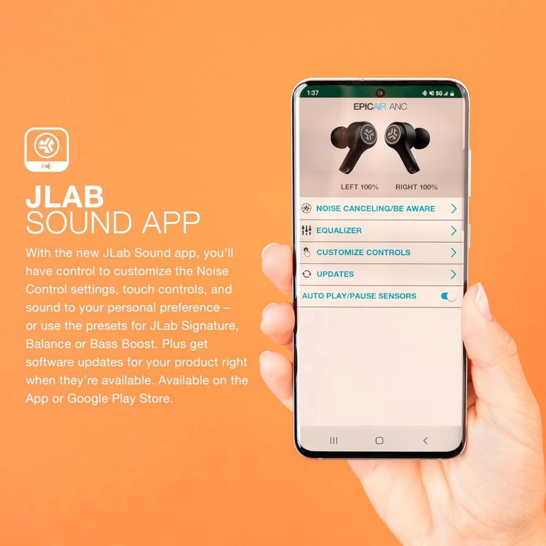 JLab Epic Air ANC Gen 2 True Wireless Bluetooth 5 Earbuds, Active Noise Canceling, 12-Hour Battery Life, 36-Hour Charging Case, Low Latency Movie Mode, Wear Detect Sensor, Google Fast Pair