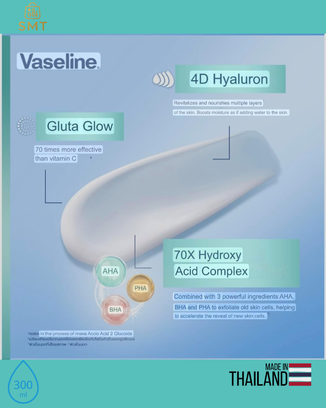 Vaseline Gluta-Hya Serum Burst Lotion Smoothing Perfector 300ml – AHA BHA PHA Exfoliating Body Lotion (Thailand)