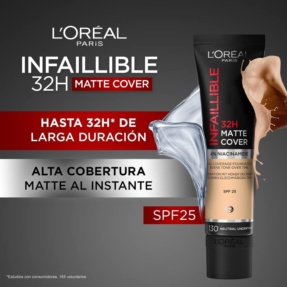 L'Oreal Paris Cover Liquid Foundation, With 4% Niacinamide, Long Lasting, Natural Finish, Available in 3 Shades, SPF 25, Infallible 32H Matte Cover, 30ml