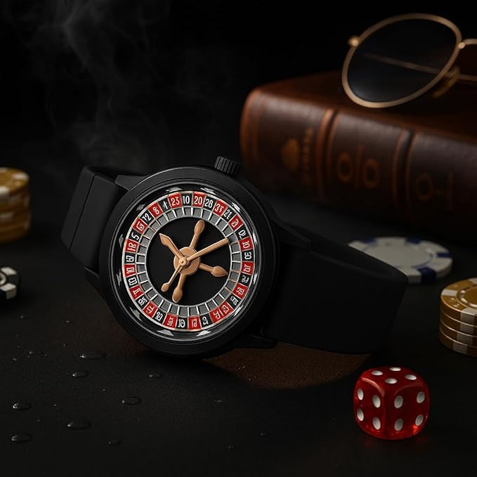 AROA Casino Roulette Watch Fashionable Colorful Quartz Watch 360 Rotating Dial Casual Fashion Silver and Black Stainless Steel Men's &Boy's Luxury Gift Watch (Casino Watch)