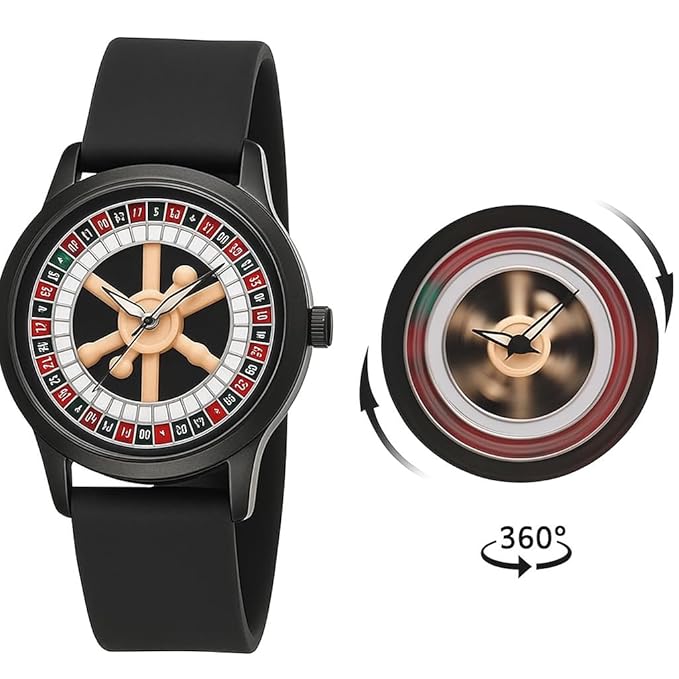 AROA Casino Roulette Watch Fashionable Colorful Quartz Watch 360 Rotating Dial Casual Fashion Silver and Black Stainless Steel Men's &Boy's Luxury Gift Watch (Casino Watch)