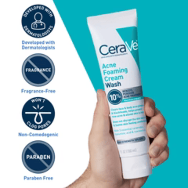 CeraVe  Acne Foaming Cream Cleanser | Acne Treatment Face Wash with 4% Benzoyl Peroxide, Hyaluronic Acid, and Niacinamide | Cream to Foam Formula | 5 Oz
