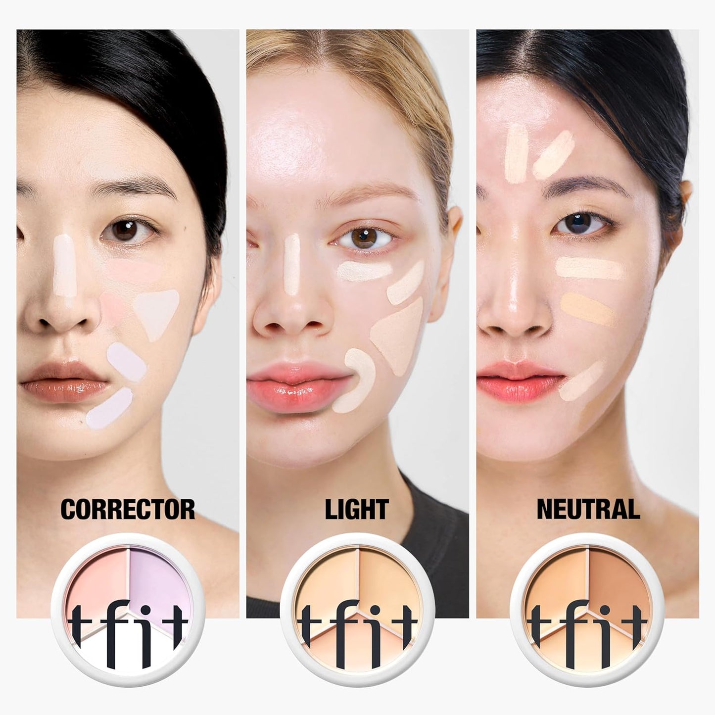 T-FIT 3 Color Concealer Palette, Popular, T Fit Concealer, Dark Bears, Spots, Nasolabial, Corners and Acne Marks, Cream Texture 3 Color Adjustable, Suitable for Natural Skin