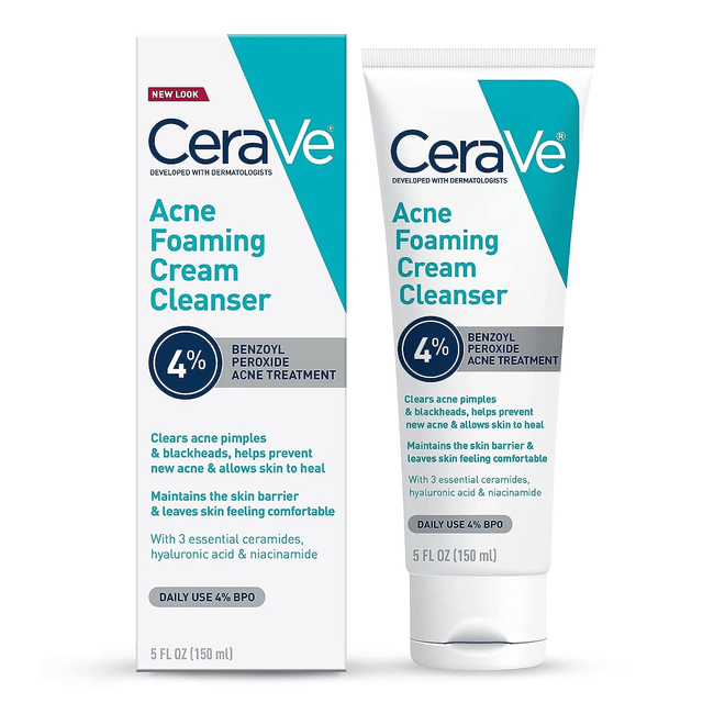 CeraVe  Acne Foaming Cream Cleanser | Acne Treatment Face Wash with 4% Benzoyl Peroxide, Hyaluronic Acid, and Niacinamide | Cream to Foam Formula | 5 Oz