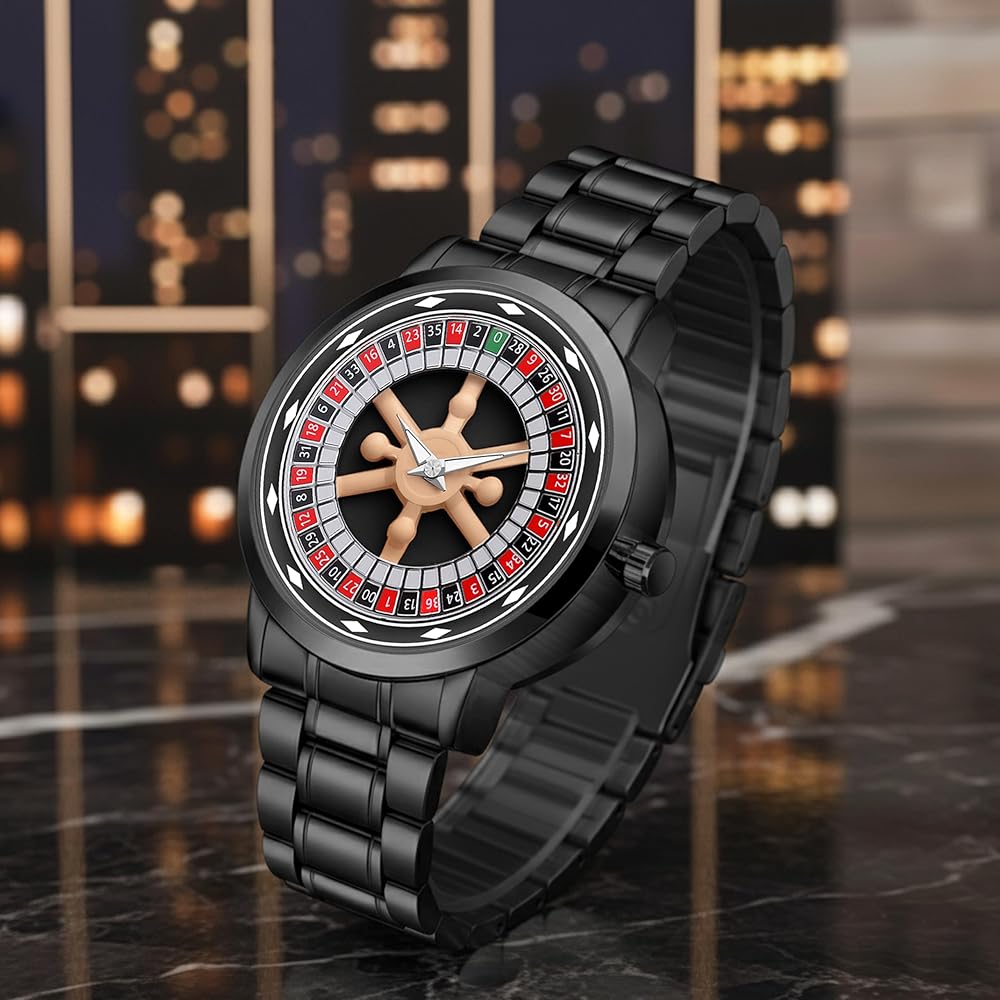 AROA Casino Roulette Watch Fashionable Colorful Quartz Watch 360 Rotating Dial Casual Fashion Silver and Black Stainless Steel Men's &Boy's Luxury Gift Watch (Casino Watch)