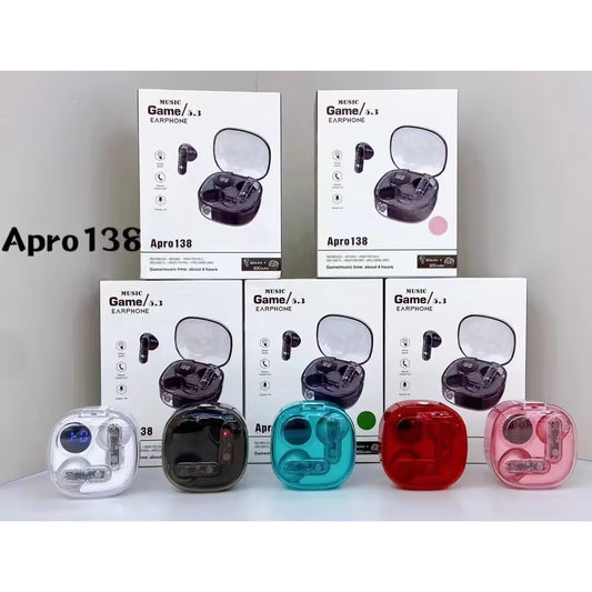 Airbuds Apro 138 TWS Transparent Earphones with LED Digital Display Wireless BT Stereo Earbuds best for gaming and movies.