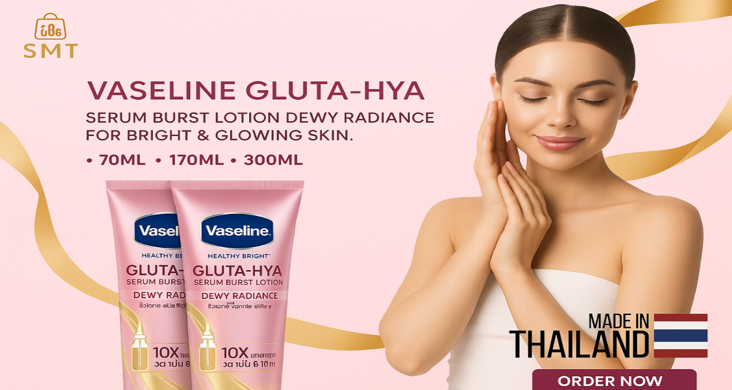 Vaseline Gluta-Hya skincare product with a model on a pink background