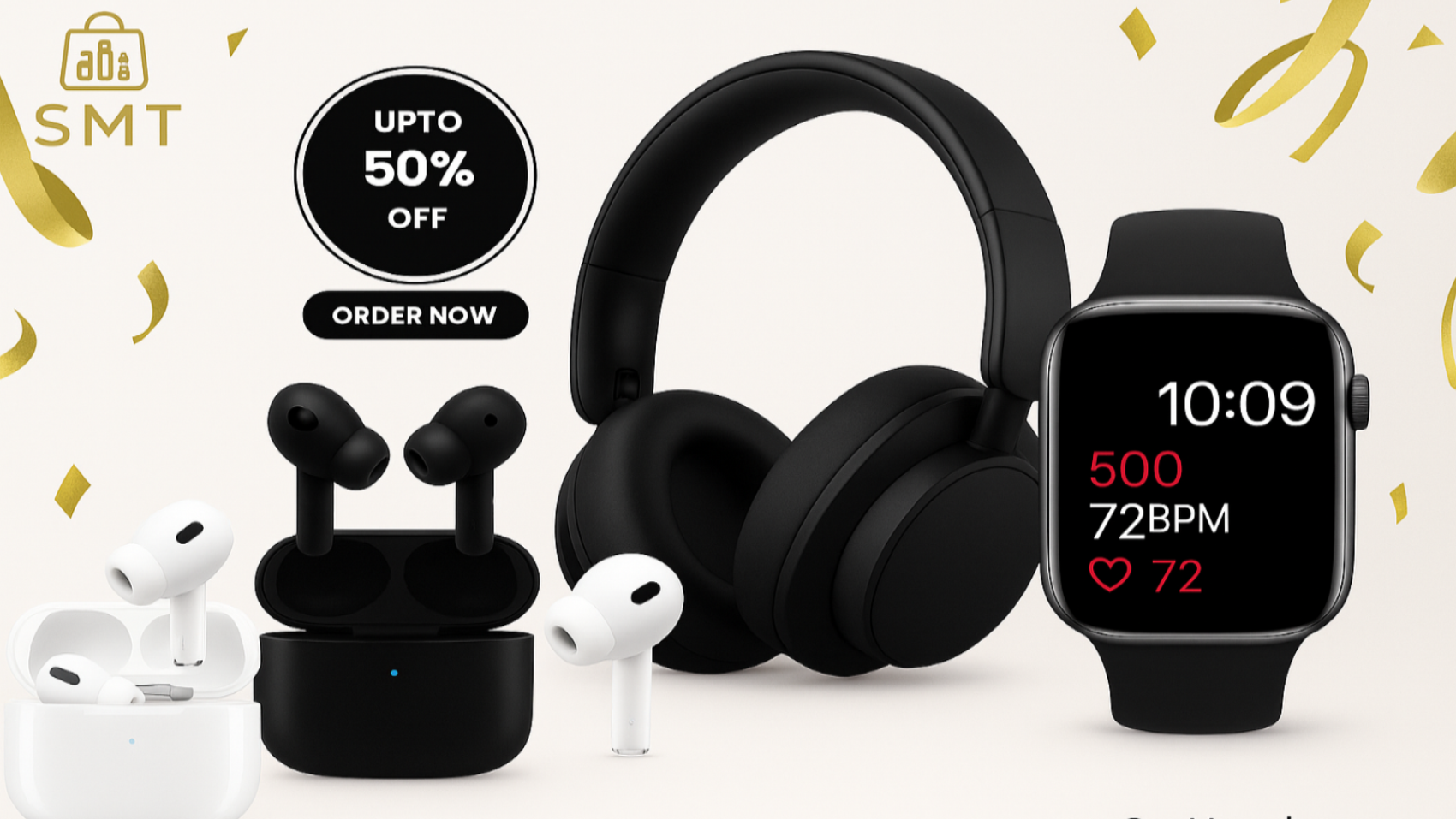 Black headphones, wireless earbuds, and smartwatch with promotional text on a white background