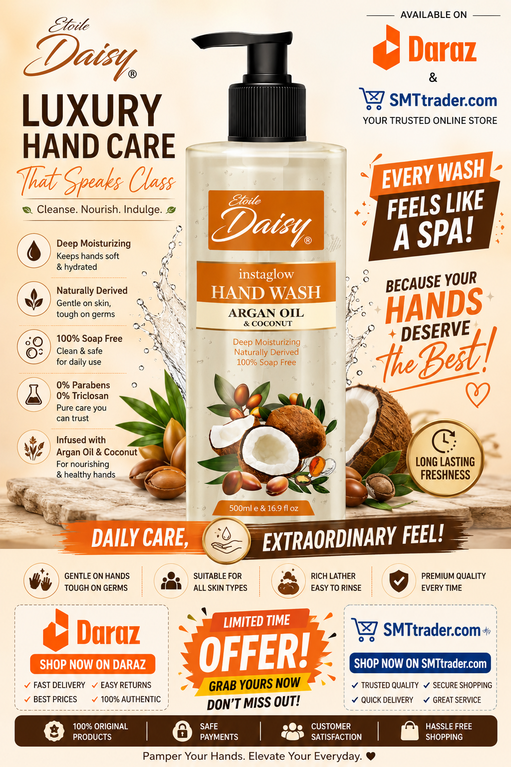 etoile daisy instaglow argan oil coconut hand wash 500ml pakistan moisturizing liquid hand soap