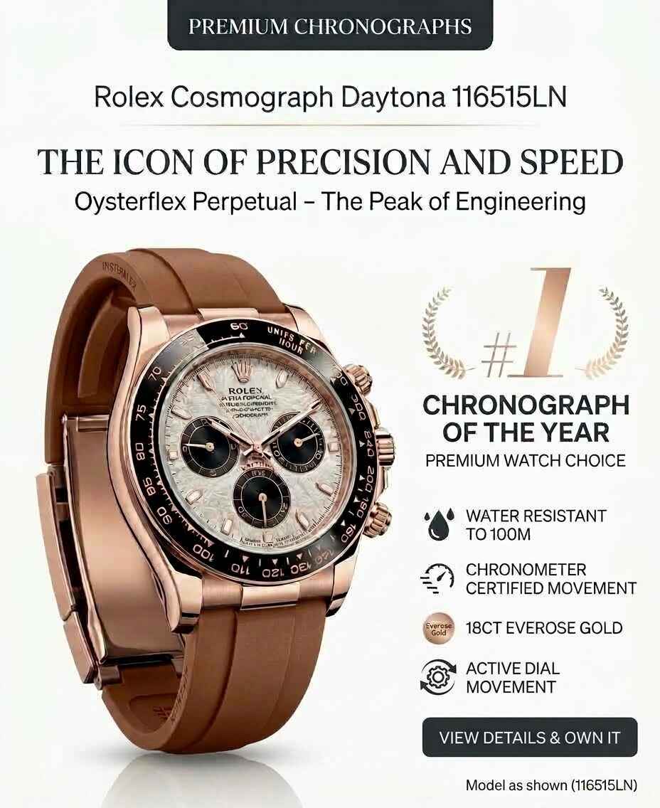 Daytona style rose gold automatic watch with brown strap