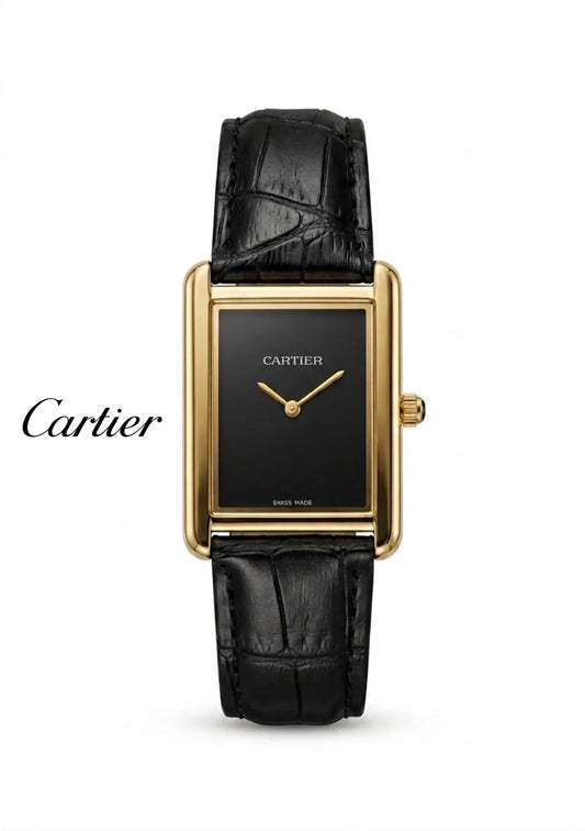 Cartier Tank style gold dial watch with random strap