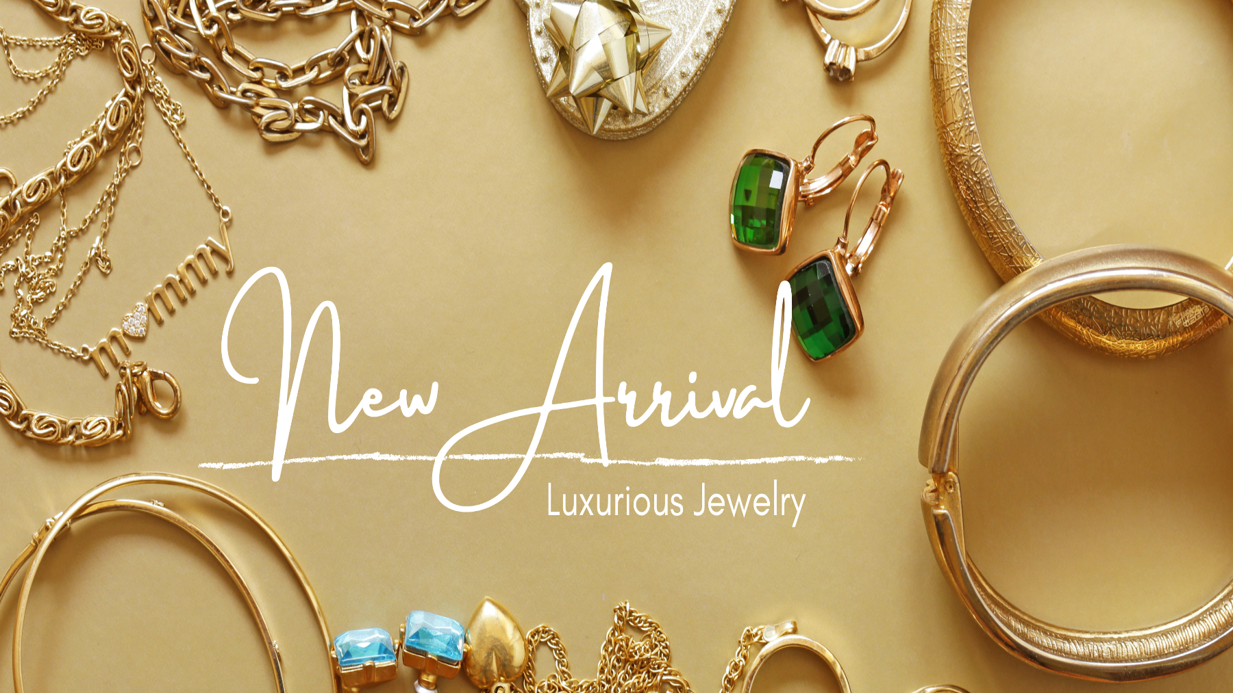 Luxurious jewelry including necklaces, bracelets, and earrings on a beige background with 'New Arrival' text.