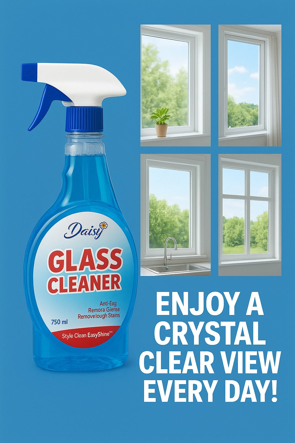Daisy Glass Cleaner 750ml – Streak-Free Shine for Windows, Mirrors, Car Screens & Home Cleaning