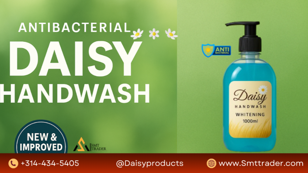 Daisy handwash bottle with branding and contact information on a green background