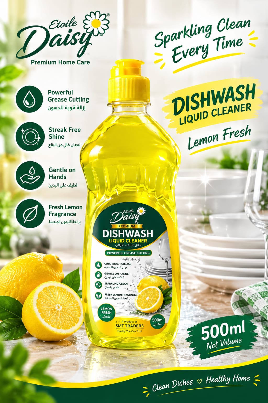 Etoile Daisy Premium Quality Dishwashing Liquid 500ml – Powerful Grease Removal & Antibacterial Kitchen Cleaner for Sparkling Dishes