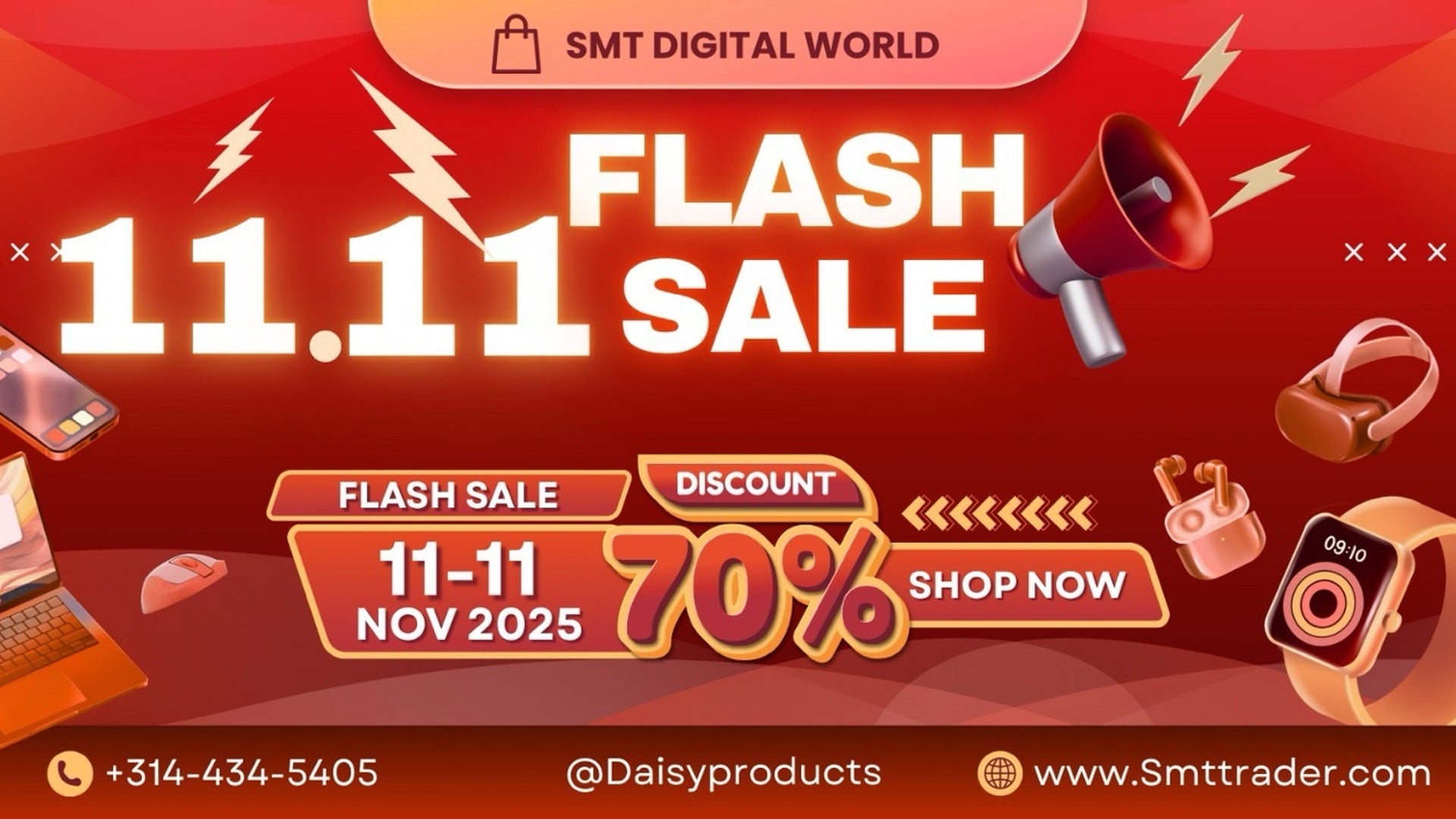 Promotional banner for SMT Digital World's 11.11 Flash Sale with discount information.