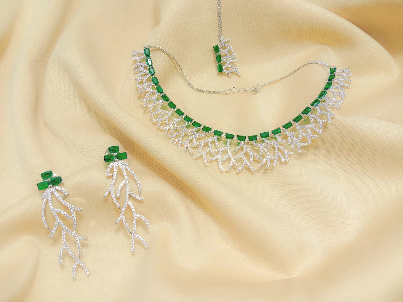 Rhodium-Plated Green American Diamond Studded Eccentric Design Necklace & Earrings Jewellery Set
