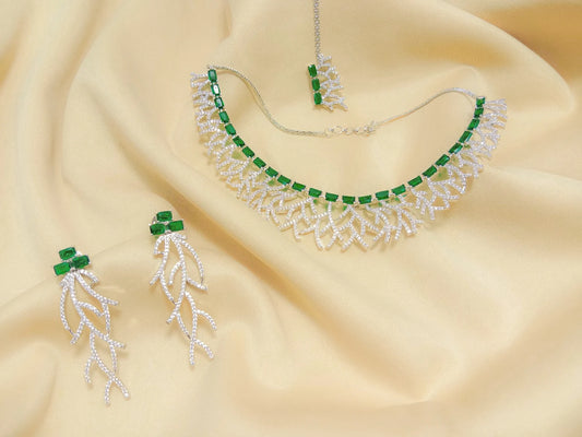Rhodium-Plated Green American Diamond Studded Eccentric Design Necklace & Earrings Jewellery Set
